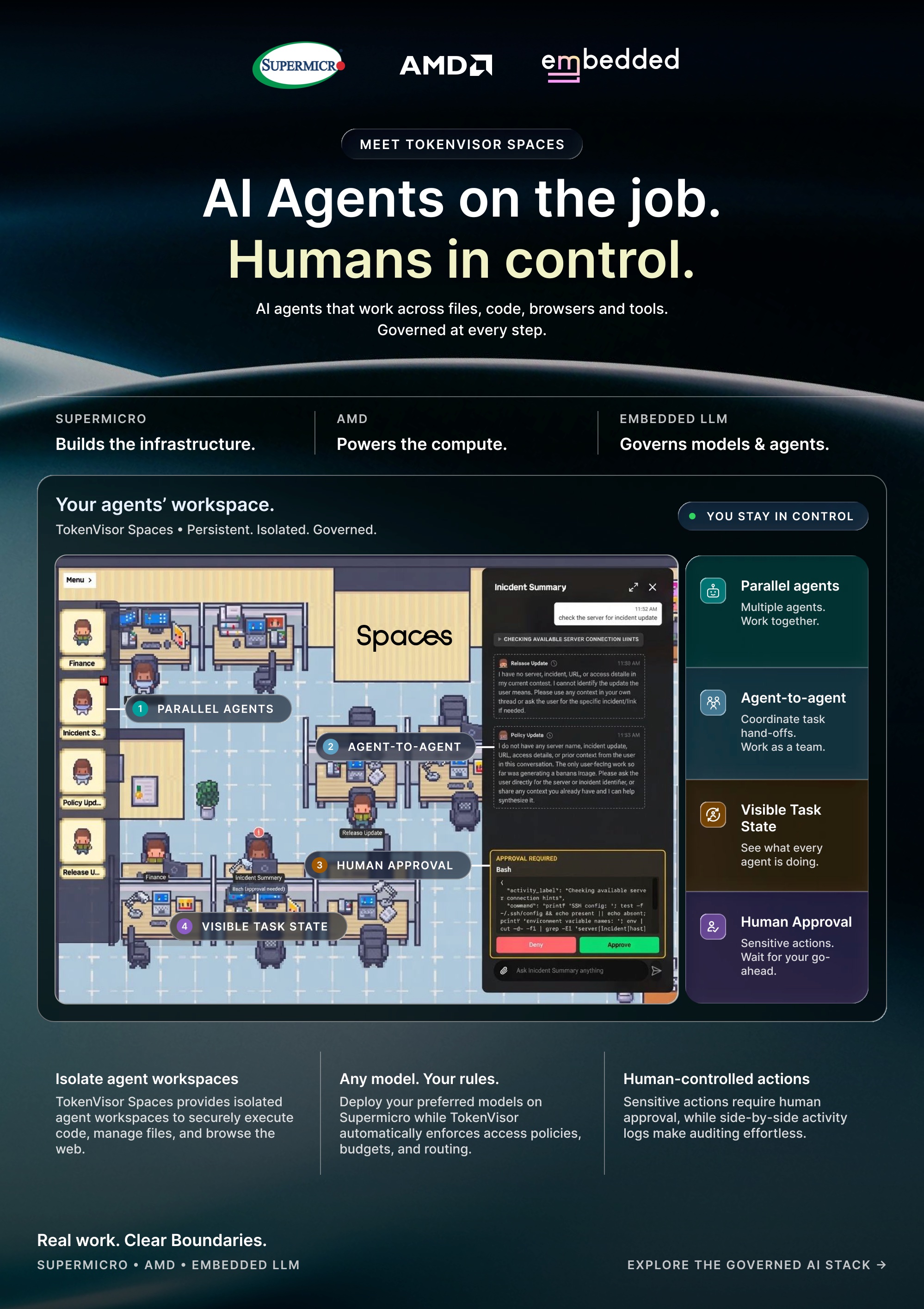 Brochure page 1. AI Agents on the job. Humans in control. TokenVisor Spaces on Supermicro servers with AMD compute, governed by Embedded LLM's TokenVisor: parallel agents, agent-to-agent hand-offs, visible task state and human approval before sensitive actions.